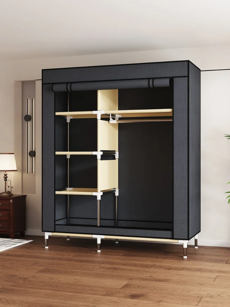 Armoire de chambre à coucher renforcée améliorée, assemblage facile avec 6 étagères et 1 cadre en acier à tige suspendue, placards portables