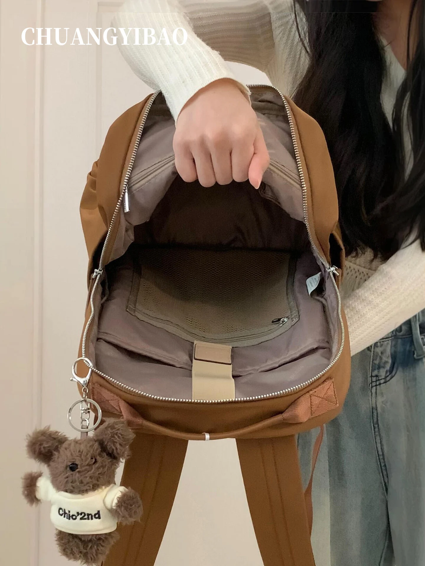 retro-korean-style-women's-backpack-large-capacity-commuter-travel-computer-bag-soft-shoulder-strap-daily-use-vertical-square