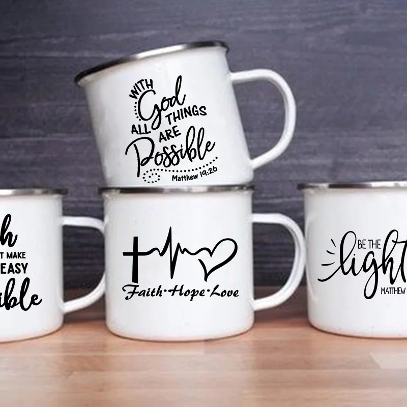 Outdoor Travel Coffee Cup Faith Hope Love Print Christian Creative Enamel Mugs Drink Dessert Milk Vintage Handle Drinkware Gift