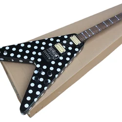 Irregular V-shaped Double Shake Electric Guitar Black White Dot Body Double Open Pickup White Beige Fingerboard