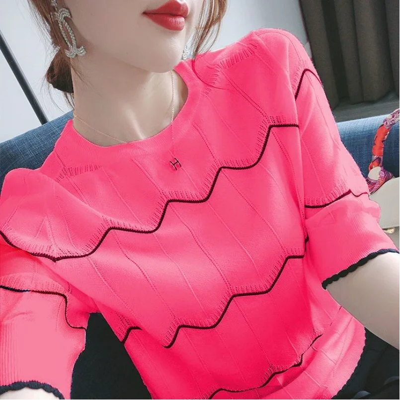 Summer Women's 2023 New Ice Silk Short Sleeve T-shirt Women's Slim and Slim Korean Version Hollow Out Knit Top Ins Fashion