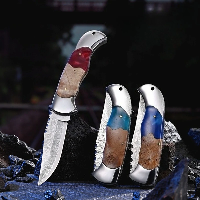 VG10 Damascus Steel Tree Burl with Resin Handle Folding Knife Camping Outdoor  High-hardness Portable Fruit EDC Tools