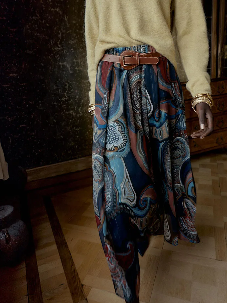 Faionable – jupe mi-longue imprimée Tead en métal pour femme, robe ceinturée, Costume de scène ethnique, nouvelle collection hiver 2025