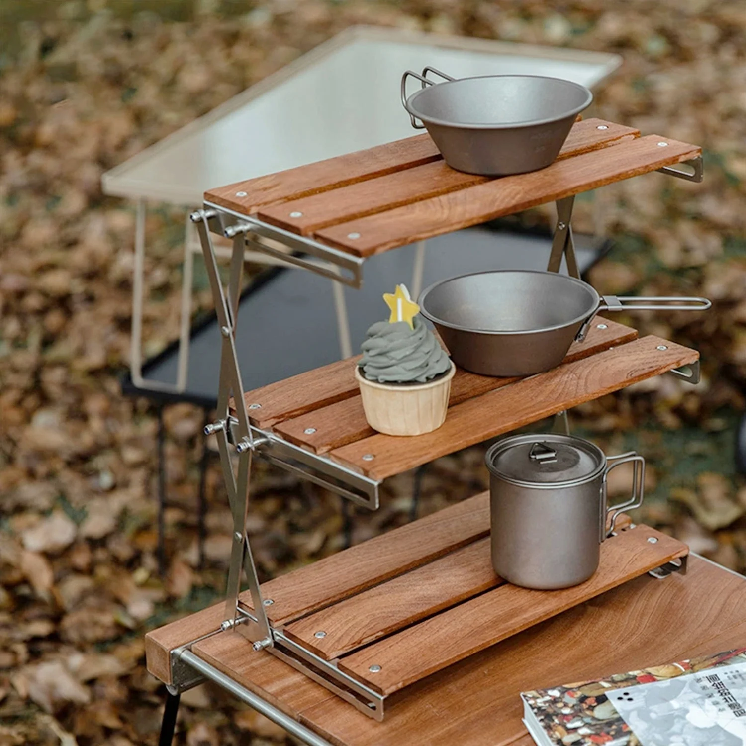 

Портативный 3-х уровневый складной походный стол, легкая деревянная полка для барбекю для пикника, уличная стойка для хранения для кемпинга, путешествий, пеших прогулок