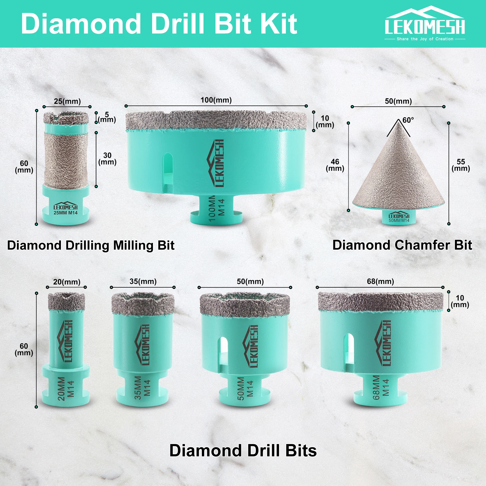 LEKOMESH 7pcs/Set Diamond Drill Bits With Box Diamond Chamfer M14 Thread Diamond Drilling  Milling Bit Marble for Ceramic Tile