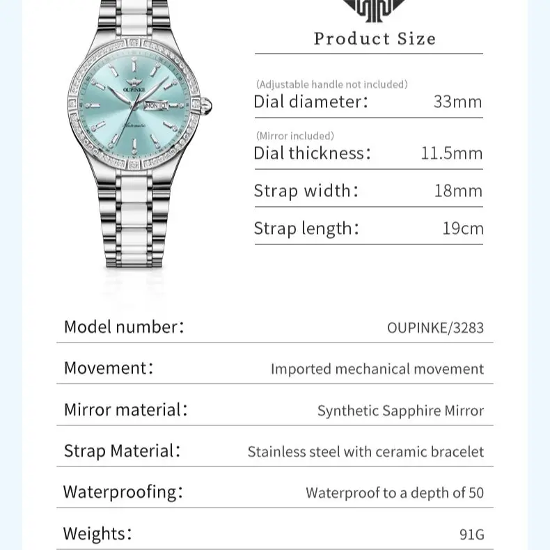 OUPINEK Luxury Brand Automatic Mechanical Wristwatch for Ladies Sapphire Mirror Ceramic Strap Dual Calendar Display Watches