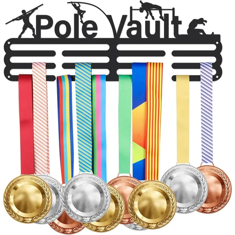 

Pole Vault Medal Holder Sports Medals Display Black Iron Wall Mounted Hooks for 60+ Hanging Medal Rack Display Competition Medal