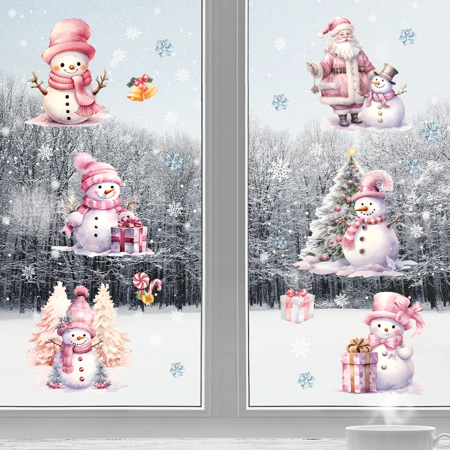 Christmas Decoration Cartoon Cute Pink Snowman Wall Stickers for Windows Bedroom Decoration Wall Decals Kids Room Decor