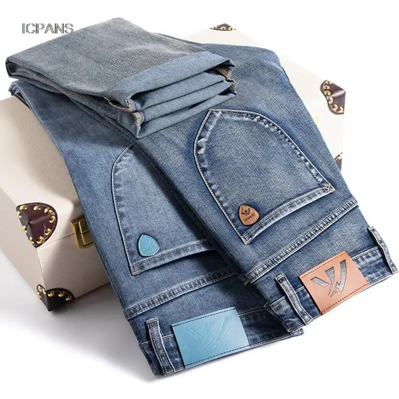 

Vintage Denim Jeans For Men Fashion Regular Straight Fit Jeans Pants Cotton Business Casual Trousers Classic Blue Male Clothes