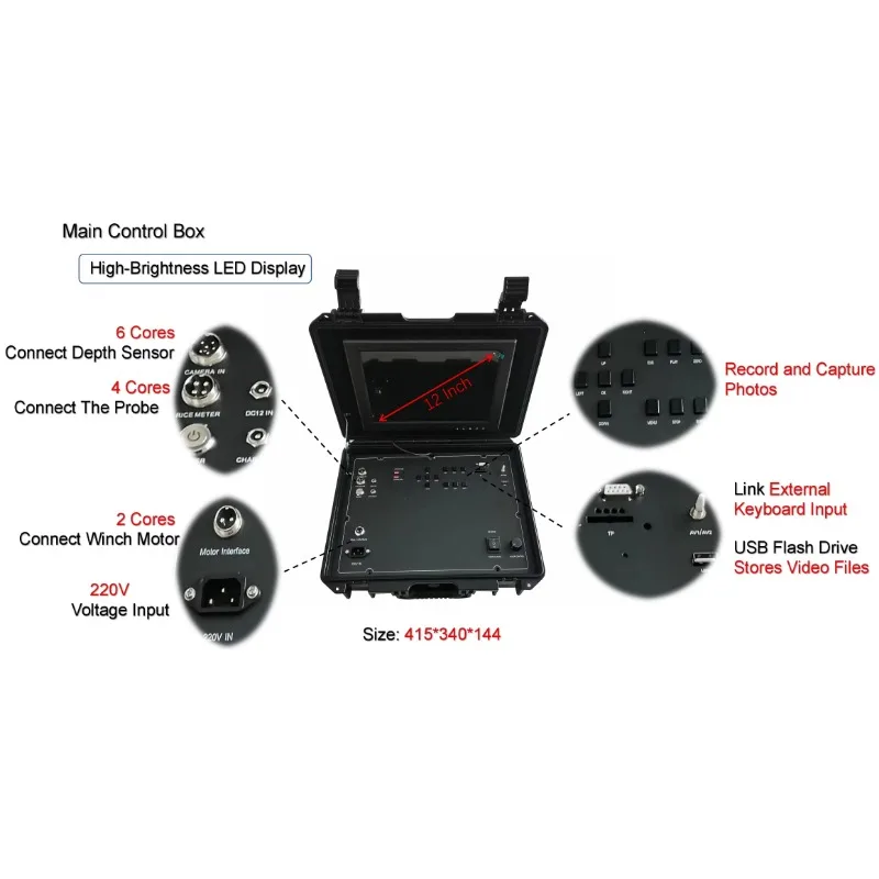 Manual Reel Well Borehole Camera 200M Cable,360° Rotation Dual‑View with 8 Inch HD Screen Underground Inspection Accessory