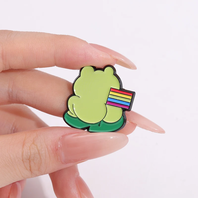 Cute Green Frog Enamel Pins Custom LGBT Rainbow Flag Brooches Lapel Badges Animal Jewelry Gift for Friends