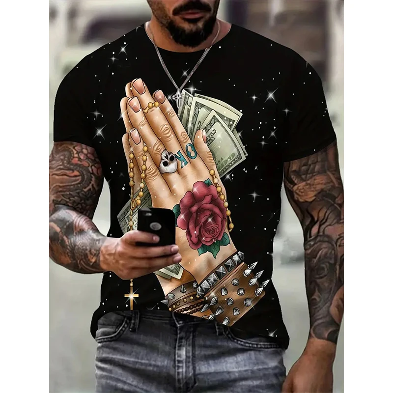 Praying Hand & Money 3D Digital Pattern Print Men's Graphic T-shirts Causal Short Sleeve Pullover Tops Men's Outdoor Clothing