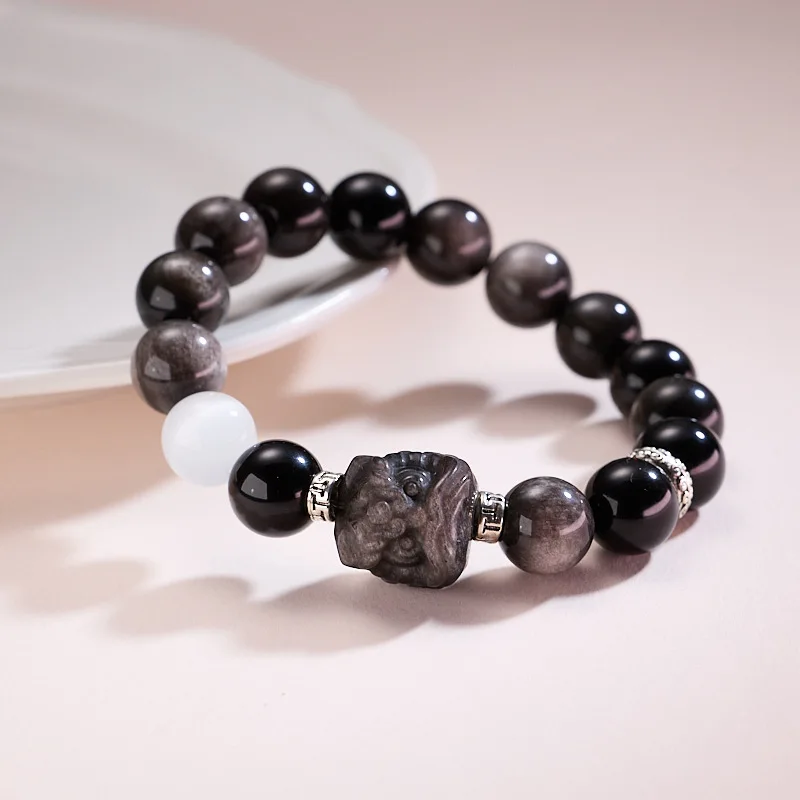 Natural Stone Waking Lion Bead Bracelet Men's and Women's Couple Elastic Strings Amulet Good Luck Hand Guardian Peace Jewelry