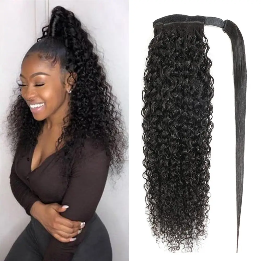 

Вьющиеся человеческие волосы, хвост, обертывание вокруг наращивания, странный вьющийся афро хвост, заколка для наращивания человеческих волос, естественный вид, черный, 10А