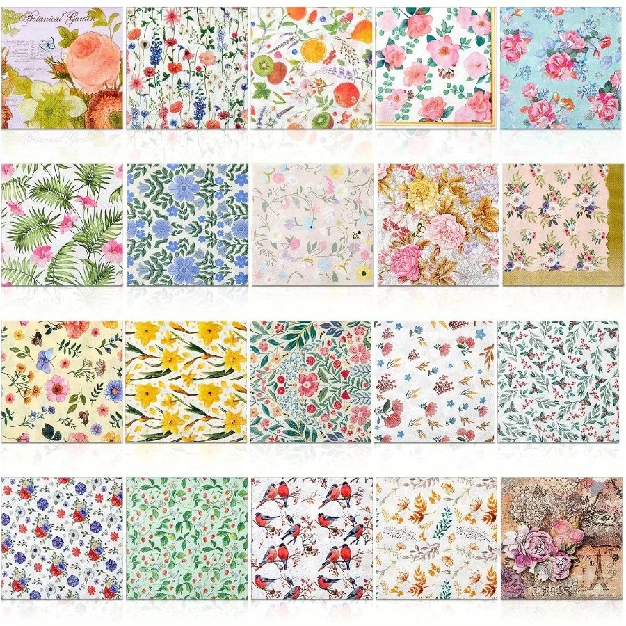 Serviettes en papier à motifs floraux botaniques, 20 pièces, imprimé Rose, fruits, oiseaux, pour découpage, pour fête d'anniversaire, thé, bricolage, décoration de table artisanale