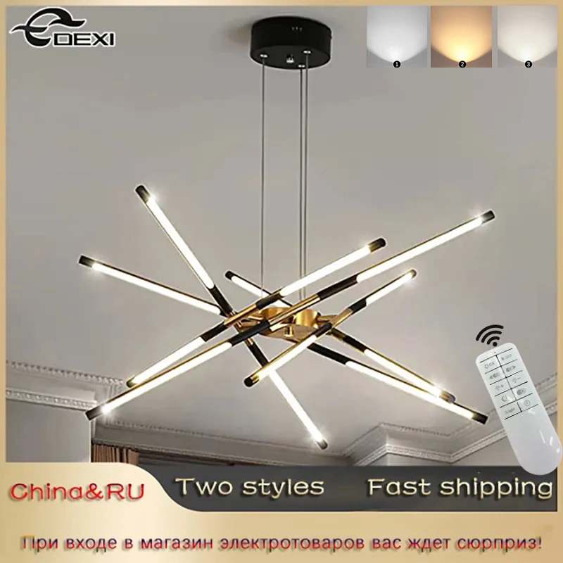 Nordic Living Room Bedroom Ceiling Light Villa Dining Hall  Droplight Children's Room Bar Lron Chandelier LED Three-Color Light
