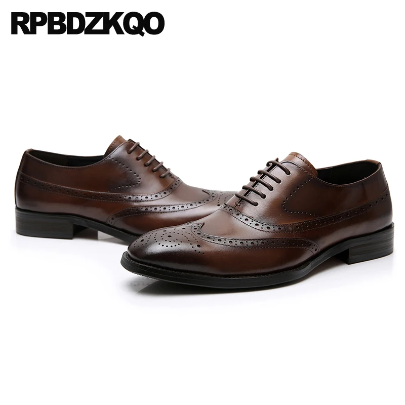 Square Toe Brogue Shoes Brown Brand Men Wingtip Elegant Lace Up Oxfords Wedding Flats Real Leather Brush Dress Formal Custom