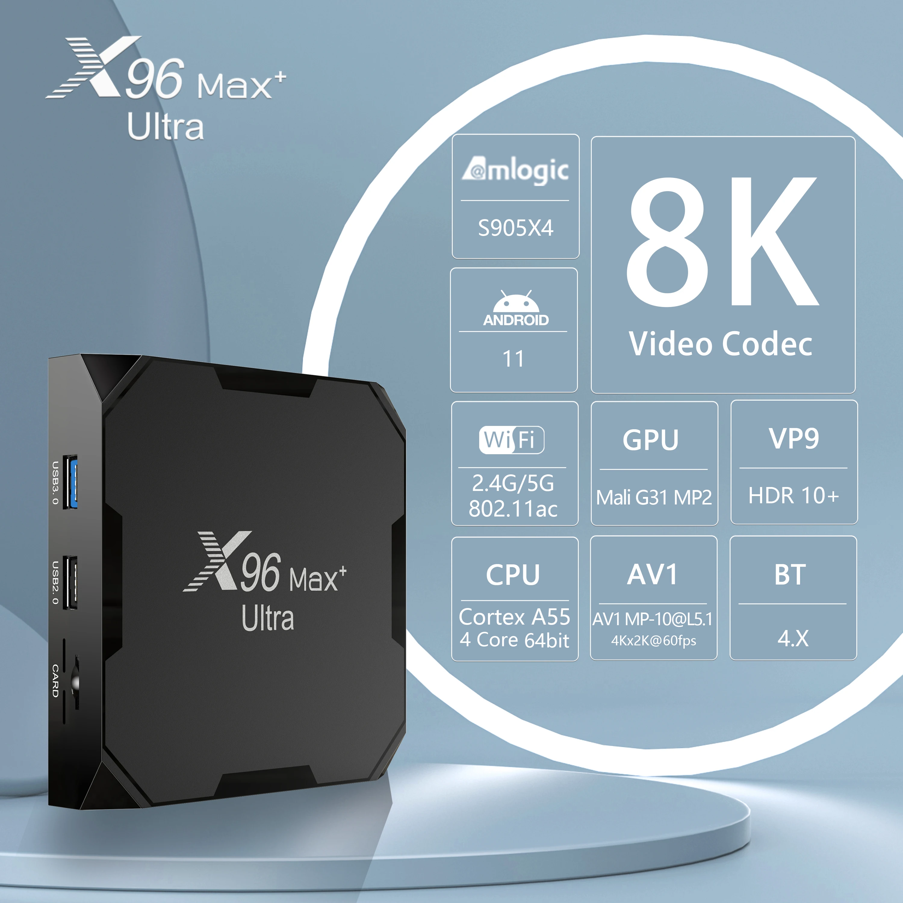 X96 Max Plus Ultra Amlogic S905X4 Android 11 TV Box AV1 8K HDR USB3.0 BT4.X Airplay DLNA Miracast Reproductor Multimedia