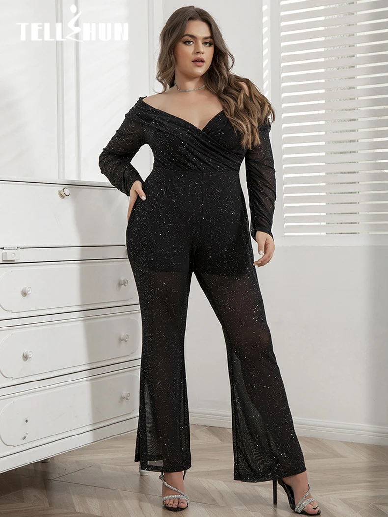 Plus Size Sequins Jumpsuit Women Long Sleeve Romper jumpsuit Bodysuit Lady Mesh Sheer Sexy Elegant Party Outfit Clothes Playsuit