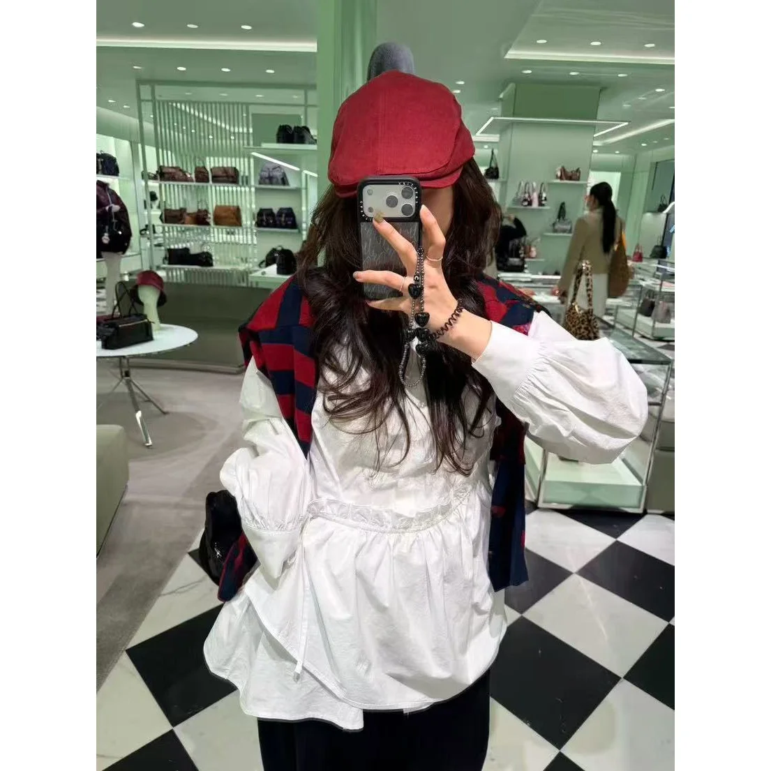 

Spring 2026 Dongdaemun Lace Trim Belted Hollow out Large Backless Shirt Uneven Korean Style Loose Fit Long Sleeve Cotton Shirt