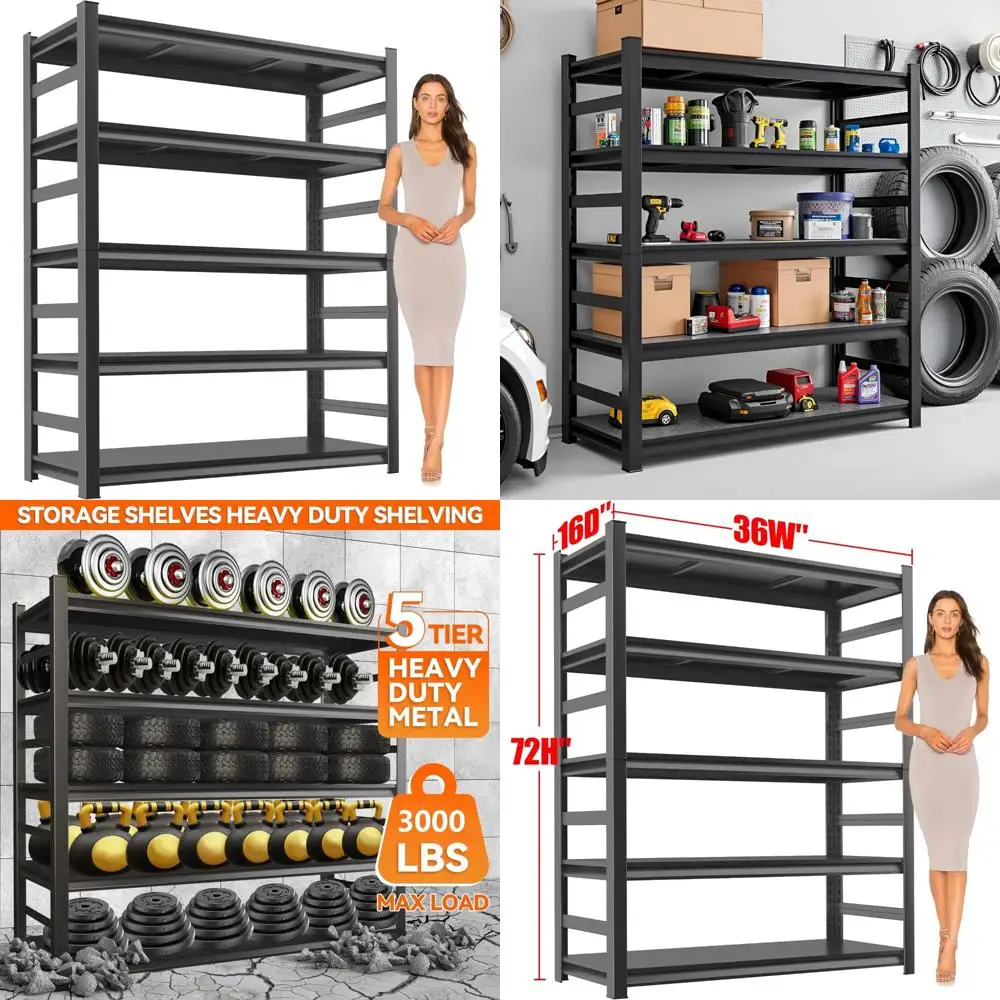 

Heavy Duty 5-Tier Adjustable Steel Storage Shelves - Industrial Strength, 3000 lbs Capacity, Metal Garage Shelving Unit
