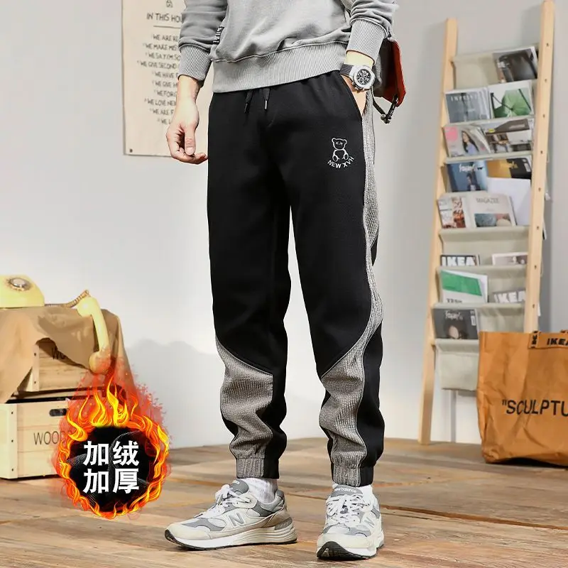 Outono inverno masculino na moda contraste cor retalhos bordado esportes jogger calças retro casual solto velo grosso quente moletom