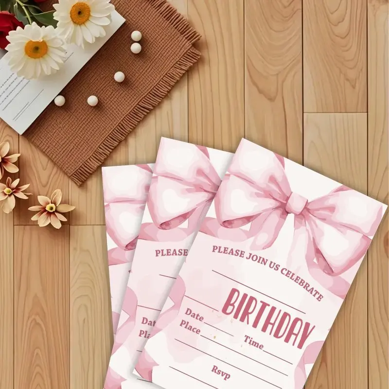 20 قطعة، بطاقة دعوة عيد ميلاد لطيفة على شكل فيونكة كرتونية، 20 بطاقة دعوة عيد ميلاد تحت عنوان الفتاة #4