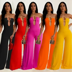 Women One Piece Sexy Jumpsuits Solid Slim Fit Strapless Sleeveless Tight Waist Wide Leg Long Pants Overalls Hip Wrap Rompers