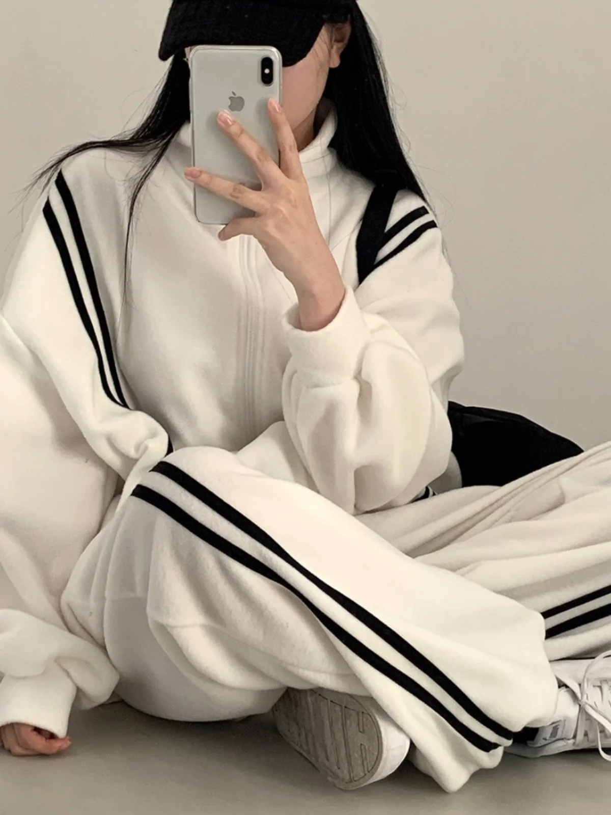 

Spring Faion Women's Lazy Haome Striped Stand Collar Zipper Jaet Casual Wide Leg Long Pants Two Piece Set Long Sve