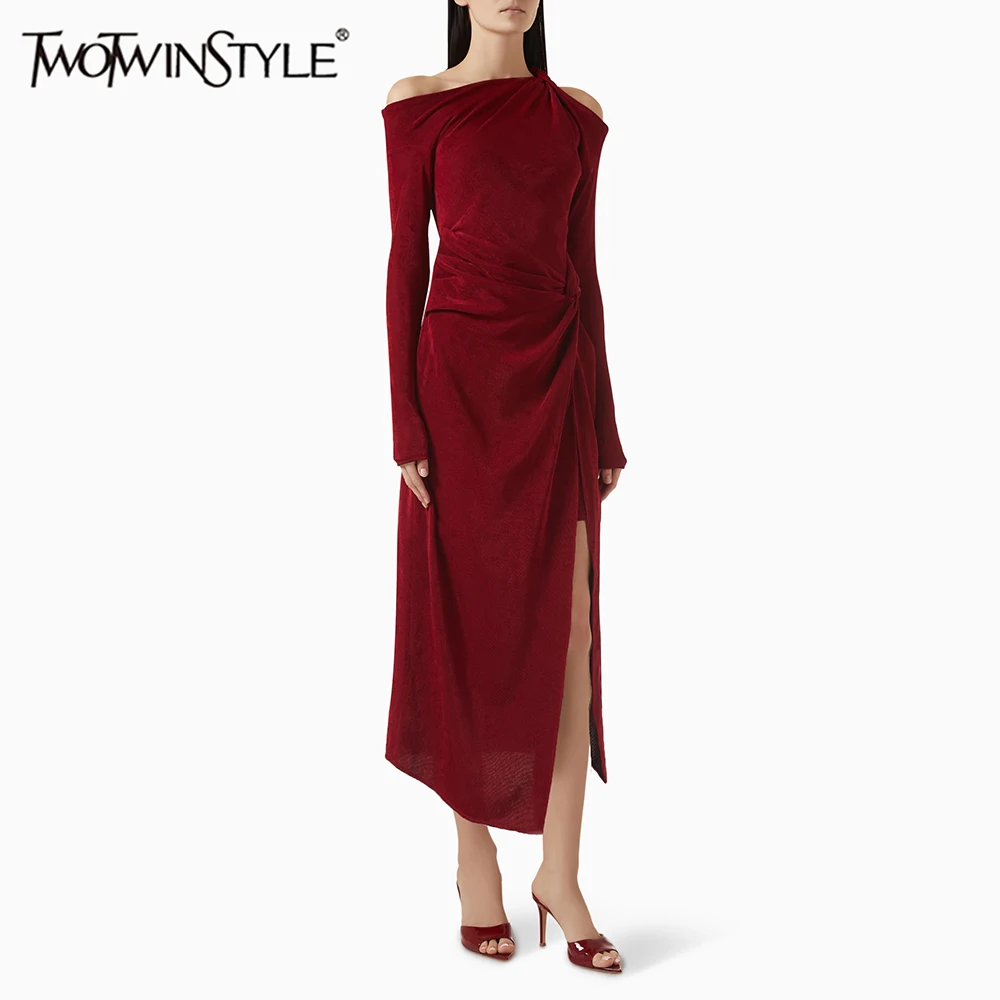 

TWOTWINSTYLE Solid Slimming Elegant Dresses for Women Diagonal Collar Long Sleeves Patchwork Folds Split Dress Female Clothing