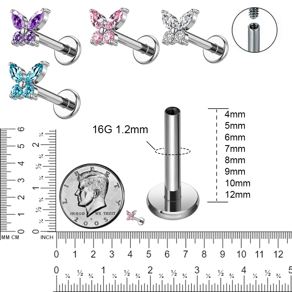 1PC G23 Titanium Butterfly Labret Piercing Lip Stud Cluster Zircon Tragus Flat Cartilage Stud Earrings Nose Piercing Jewelry view 5