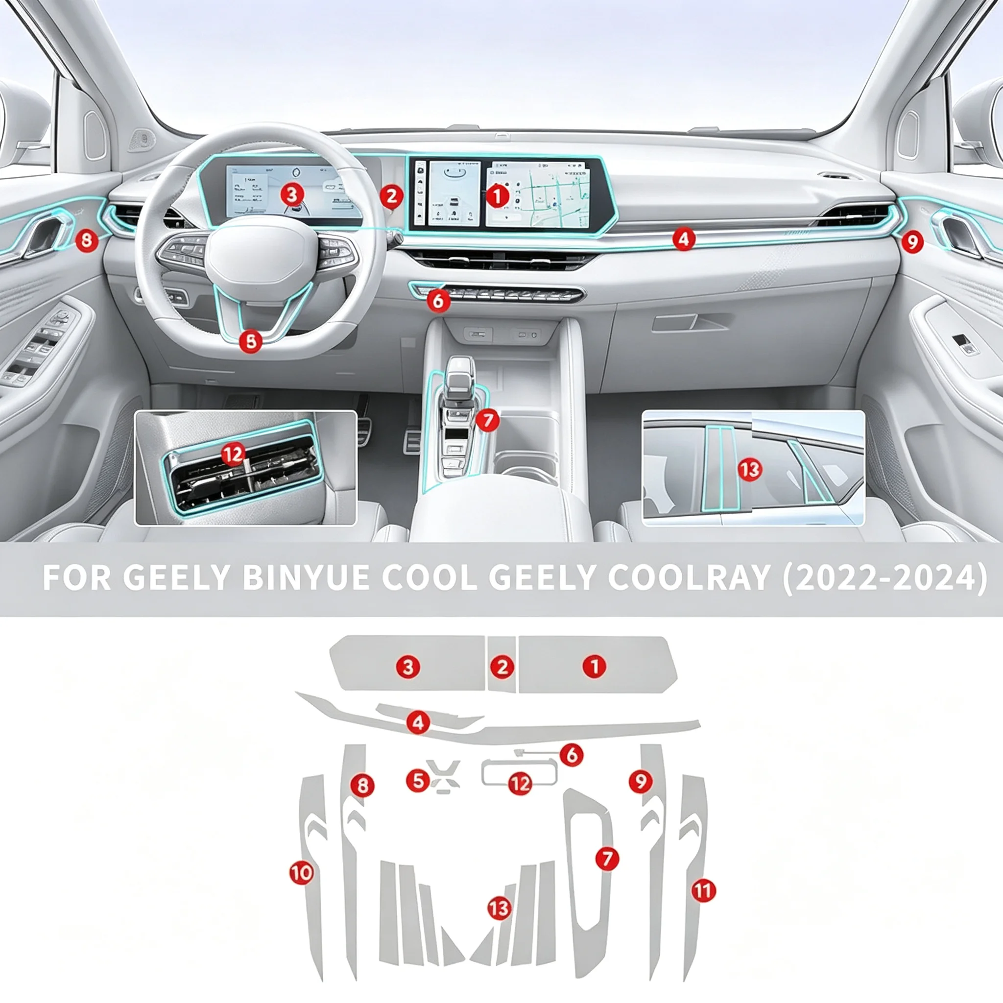 For Geely Coolray 2022-2024 Interior Film Transparent TPU Center Console PPF Protection Film Anti-scratch TPU Protective Film