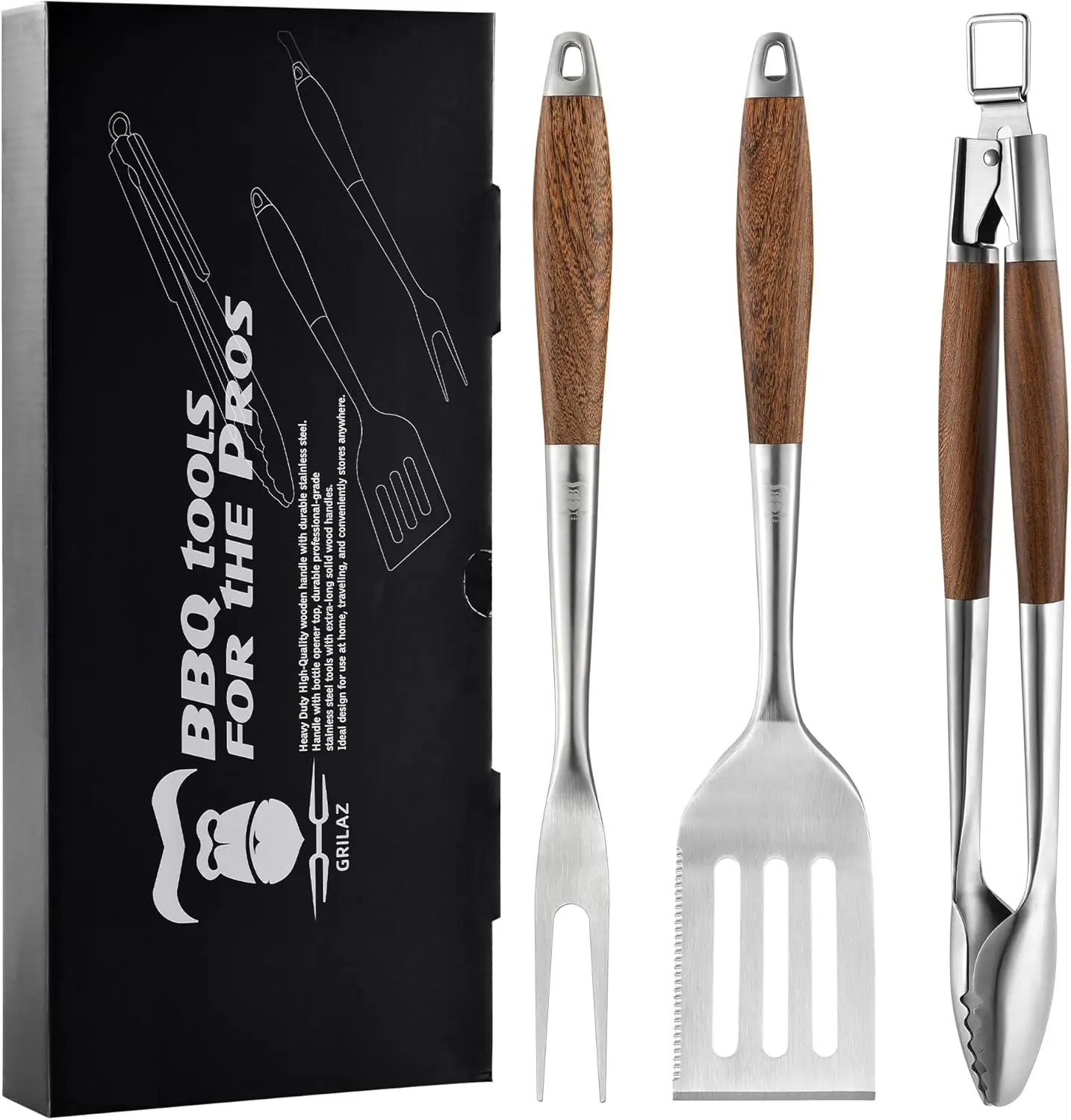 

Heavy-Duty ​Dikela Wooden BBQ Grilling Tools Set. Extra Thick Stainless Steel Multi-Function Spatula, Fork & Tongs | Essential A