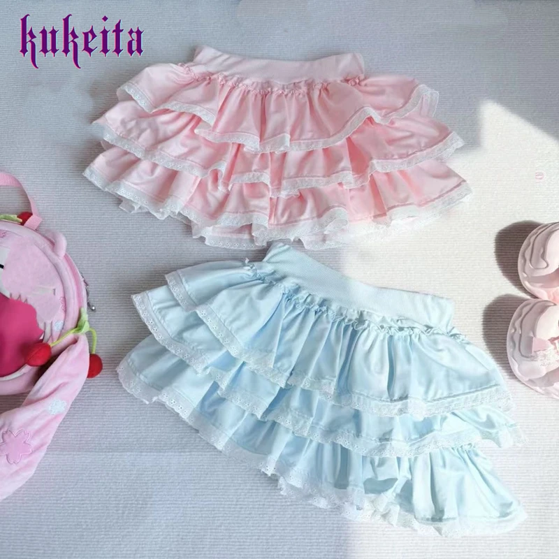 

Kukeita Japanese Style Harajuku Y2k Cute Mini Skirt Women High Waist A-line Streetwear Vintage Chic Casual Lace Ruffled Skirt