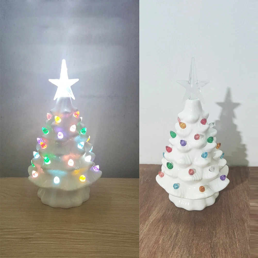 Ceramic Christmas Village Decoration Tree with Tree Topper Star Multicolored Lights for Village Display Indoor Collectible Decor