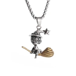 Retro Cute Magic Girl Broom Necklace Pendant Men and Women Retro Cartoon Character Jewelry Gift