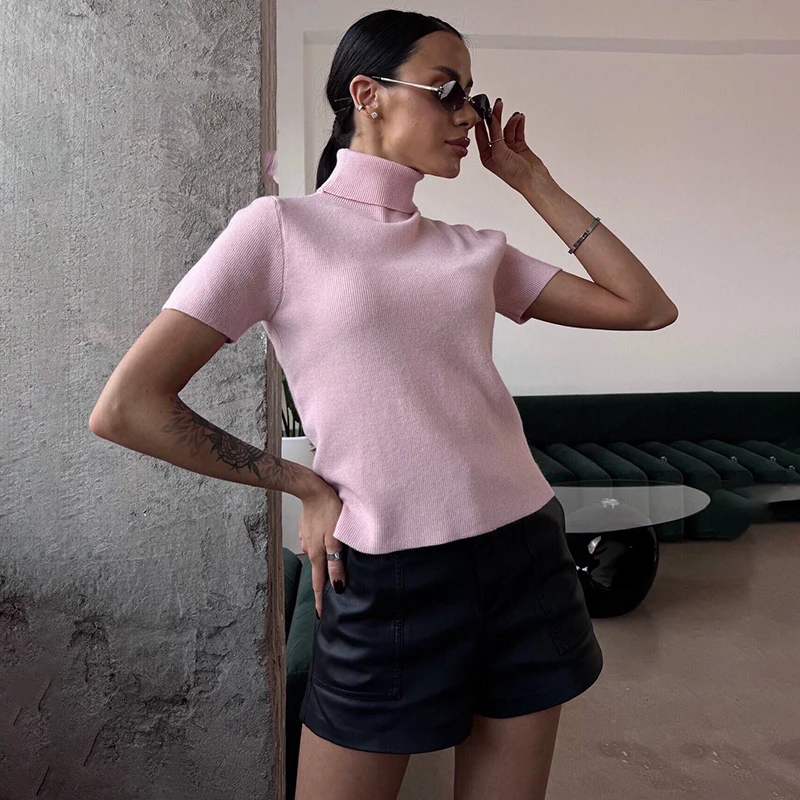 

Tornova Short Sleeve Turtleneck Knitted Sweater For Women Slim Pullover Top 2026 Spring Summer Solid Base Sweater Lady Fashion