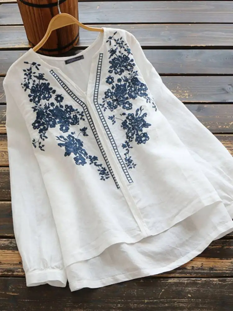 ZANZEA Cotton Embroidery Tunic 2024 Women Vintage Tops Retro Tops V Neck Blusas Chemises Holiday Blouses Long Sleeve Shirts