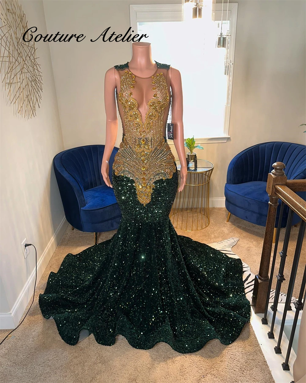 Shiny Dark Green Prom Dress Beaded Gold Rhinestones Sequin O Neck Mermaid Birthday Dress Luxury 2025 For Black Girls Customized