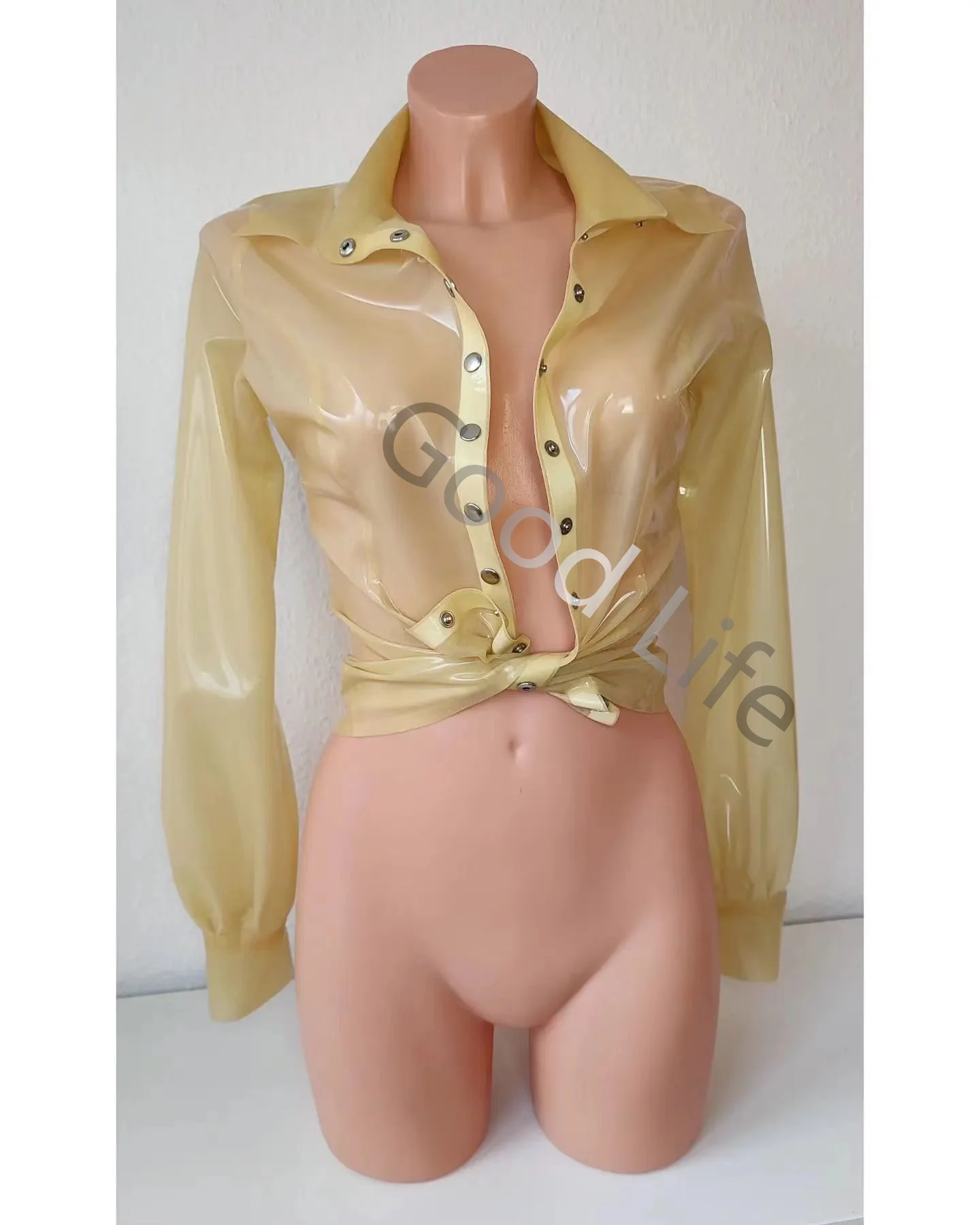 

Женская прозрачная латексная блузка, фетиш-топ из латекса с длинными рукавами, рубашка с пуговицами спереди и на рукавах, латексный топ из гумми, наряд для косплея и клубных мероприятий