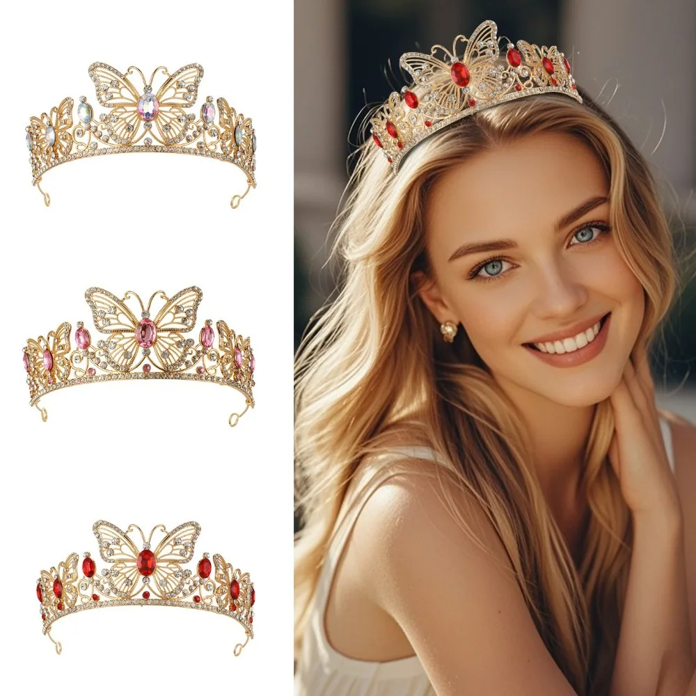 Sweet Exquisite Butterfly Bridal Headpiece Elegant Romantic Wedding Grand Runway Show Luxurious Party Colorful Diamond Crown