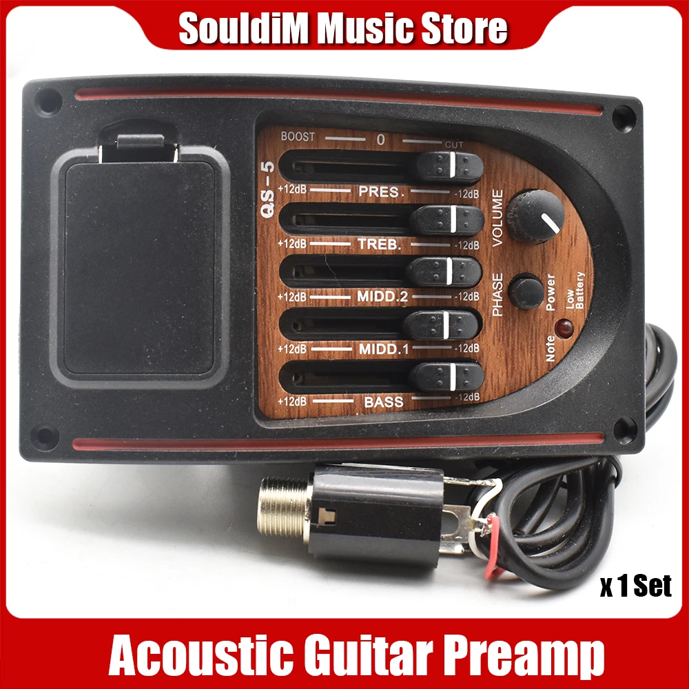 5 Band Acoustic Guitar Preamp 5-Band EQ Equalizer Pickup Tuner Piezo Pickup for Classical Folk Guitar QS-5