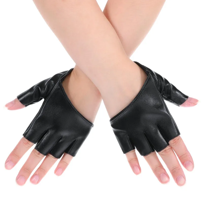 Backless Half-palm Performance Imitation Leather Gloves for Women Black Suitable Dancing Gothic Punk Cos Play and Photo Shooting