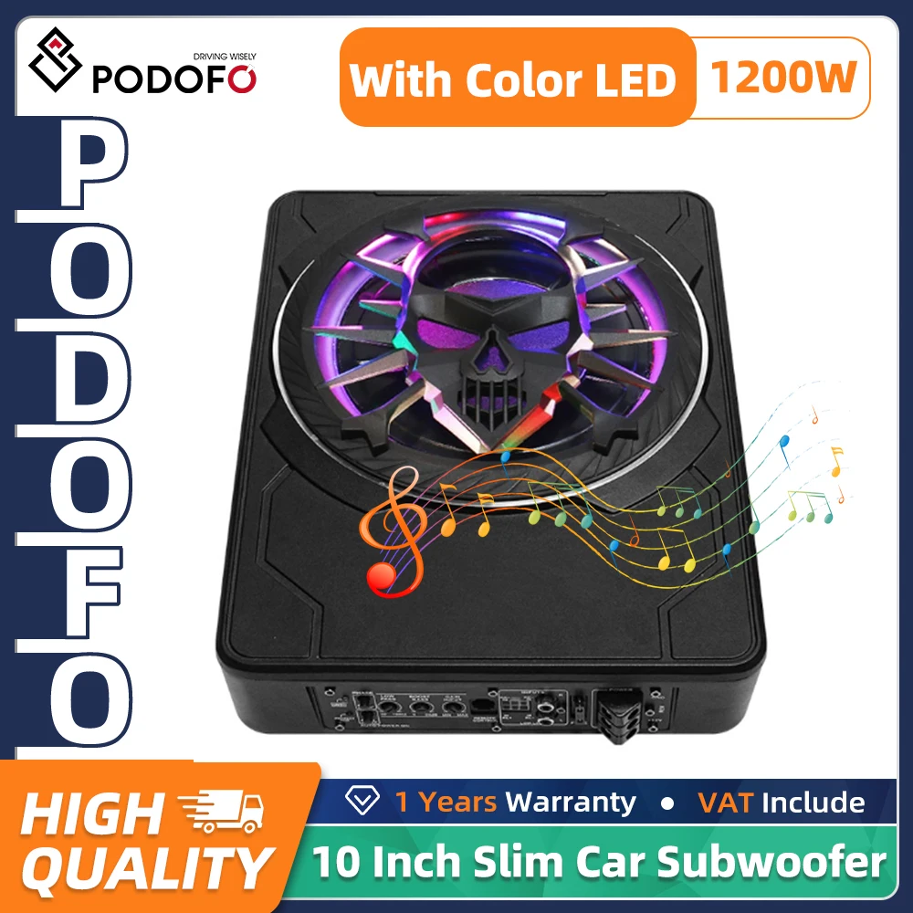 PODOFO 10 inch 1200W slanke onderstoel auto subwoofer met gekleurde LED sfeerverlichting joy slanke onderstoel subwoofer