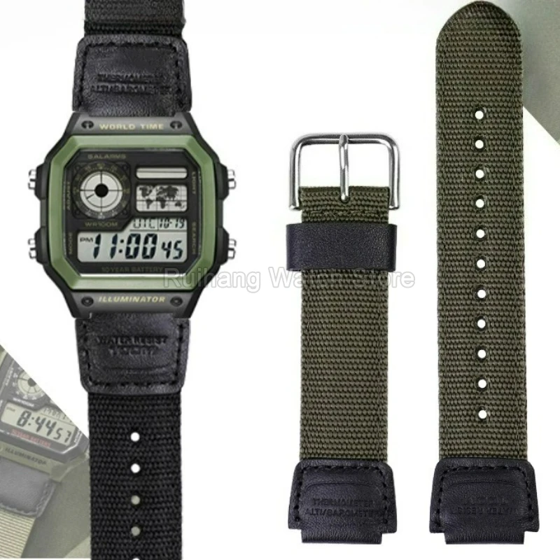 Stainless Steel Buckle Nylon Watch Strap Black Army-green for Casio AE1200WH/1300/SGW-300H/400/500 Special Interface 18x24mm