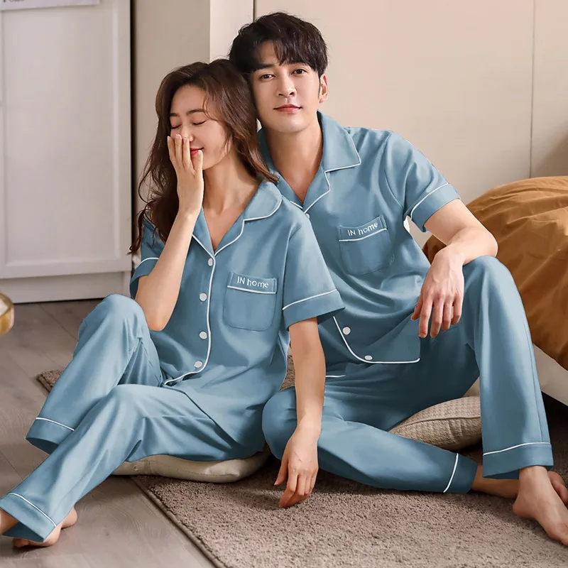 Pajamas Of Couple Solid Color Sleepwear Silk Satin Pijama Sets Short Sleeve Pyjamas Home Wear Women&Men Loungewear Plus Size