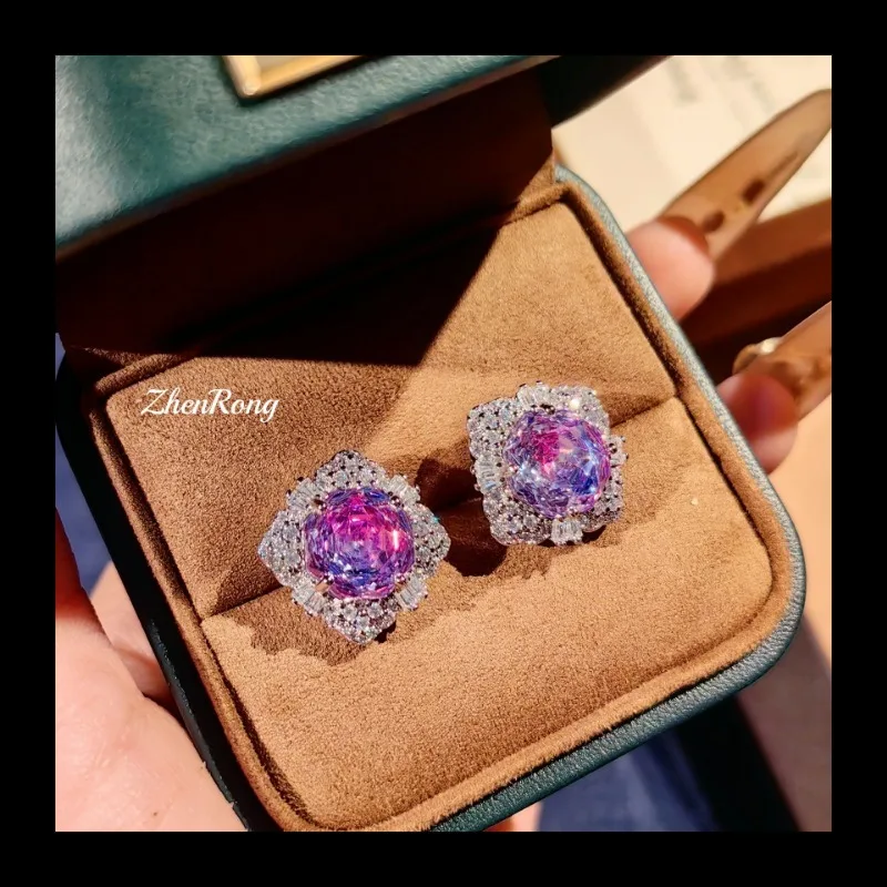 مثمنة الألفية روز قطع الجليدية الأزرق قلادة روز الأحمر قلادة عالية الكربون الماس الملونة التورمالين أقراط اللون تريا