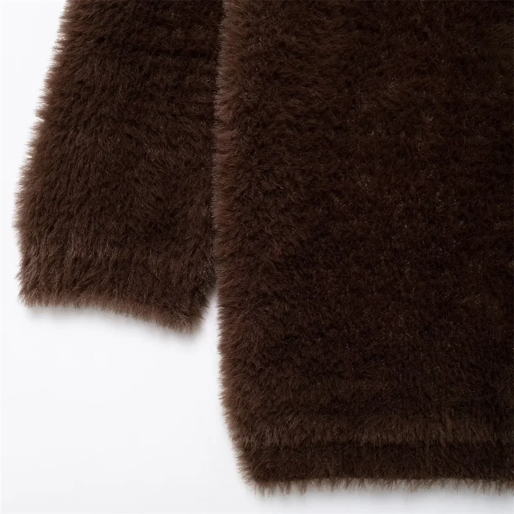 LIBIELIY automne et hiver nouveaux vêtements décontractés pour femmes Simple et à la mode effet fourrure artificielle col rond veste tricotée