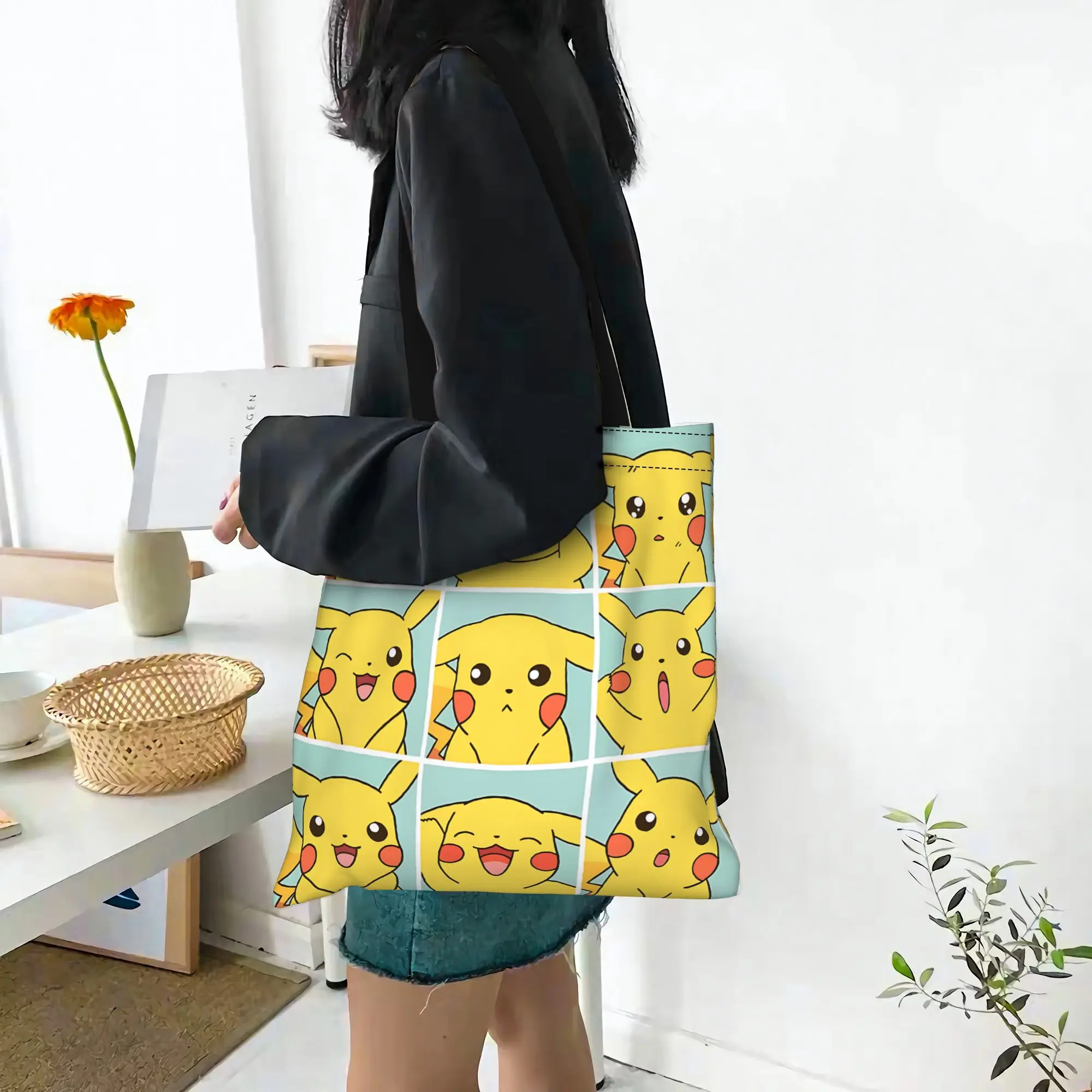 Customized Pokemon Women's Bag Shopping Bag Reusable Double Sided Canvas Tote Bag Shoulder  Handbag