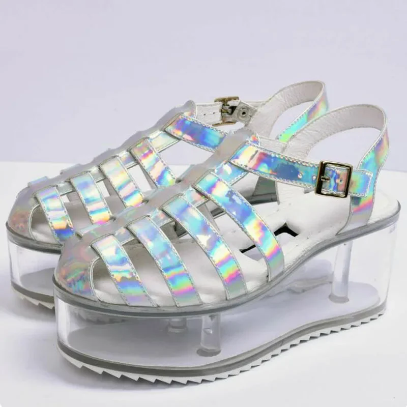 Pink Silver Laser Patent Leather Transparent Container Platform Sole Sandals Close Toe Cross Strap Clear Sole Shoes Woman